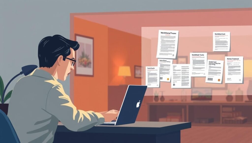 A well-lit, detailed illustration of the step-by-step WorldMark timeshare resale process. In the foreground, a person sitting at a desk, focused on a laptop screen, navigating an online timeshare resale platform. In the middle ground, various documents and forms related to the resale process, neatly organized. In the background, a warm, inviting interior with WorldMark branding, conveying a sense of professionalism and expertise. The scene should have a clean, modern aesthetic, with a subtle color palette and soft, directional lighting to create a calm, informative atmosphere.