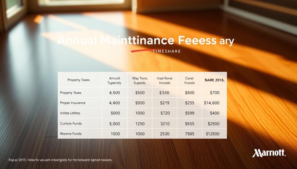 An elegant, minimalist infographic depicting the annual maintenance fees breakdown for a Marriott timeshare. In the foreground, a clean grid layout showcases the various cost categories, such as property taxes, insurance, utilities, and reserve funds, with clear numerical values and intuitive icons. The middle ground features a polished wooden surface, casting warm ambient lighting and lending a premium, high-end feel. The background is a softly blurred, serene landscape, hinting at the vacation experience associated with timeshare ownership. The overall composition is balanced, visually appealing, and effectively communicates the key financial details in an accessible, informative manner.