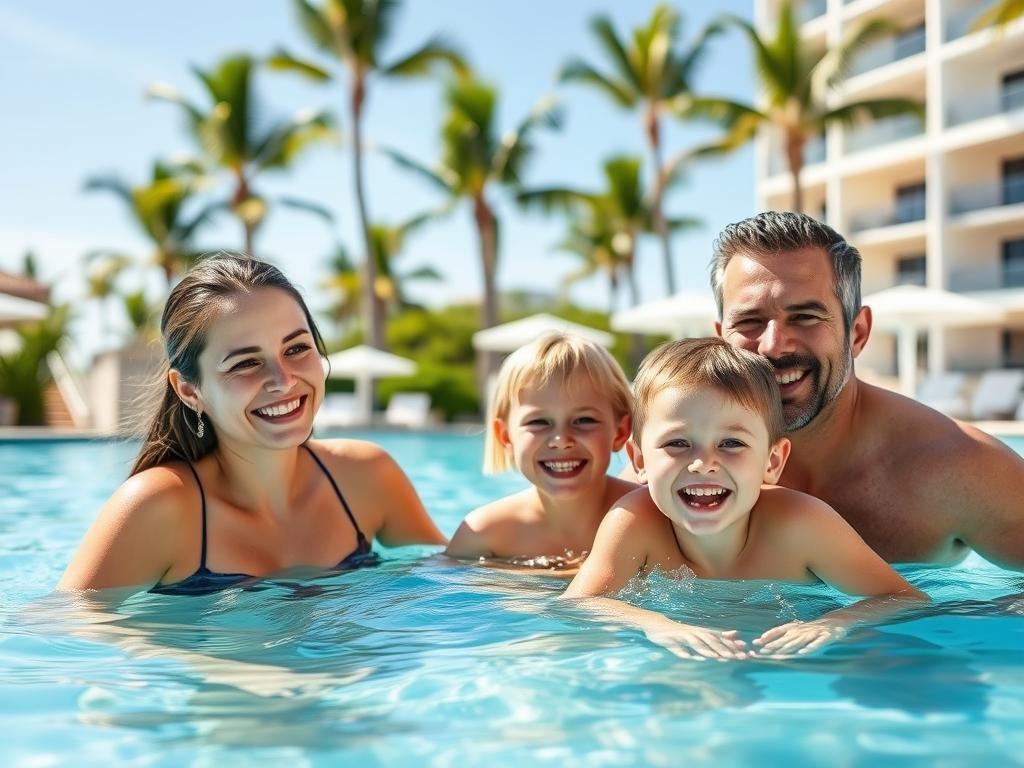 Family enjoying timeshare vacation at resort pool Family enjoying timeshare vacation at resort pool