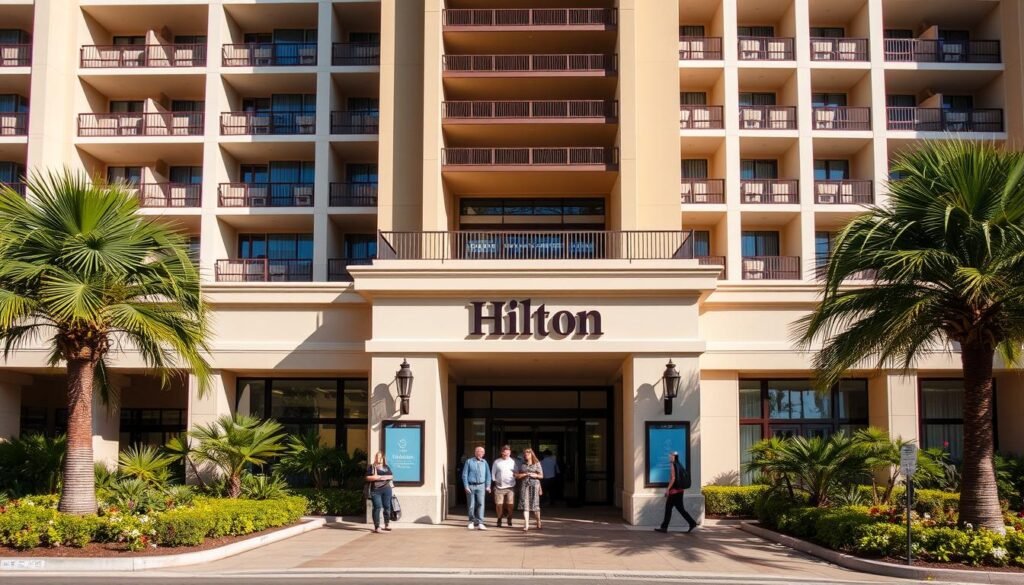 Hilton Grand Vacations property with exit program signage, illustrating how to cancel your timeshare