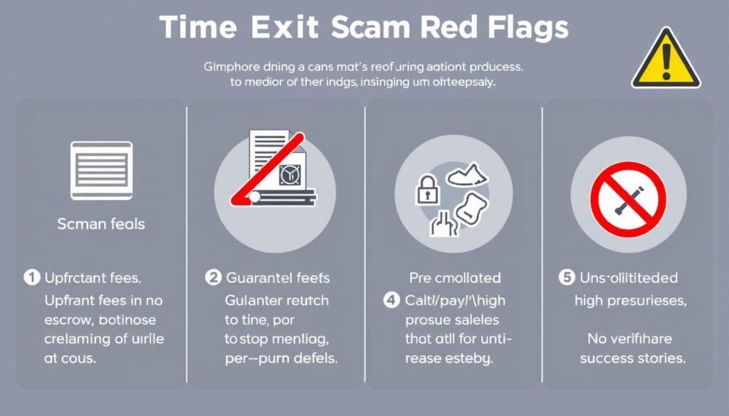Infographic showing common timeshare exit scam tactics to avoid
