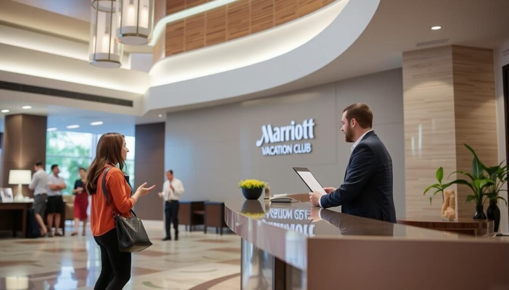 Marriott Vacation Club property with a person speaking to customer service, showing how to cancel your timeshare