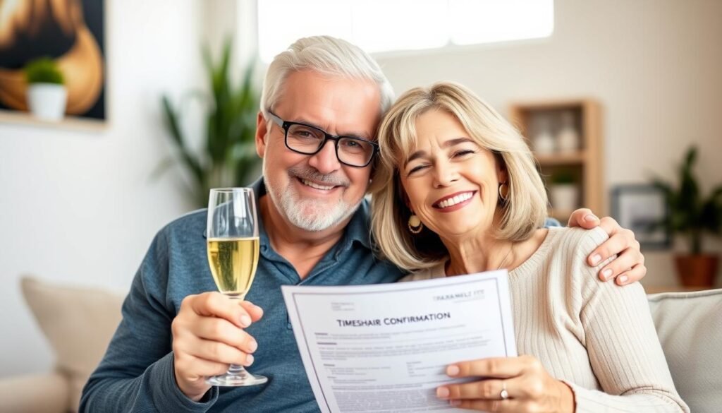 Person celebrating successful timeshare cancellation with final paperwork, showing the end result of how to cancel your timeshare