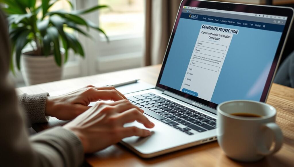 Person filing an online complaint with a government consumer protection agency about timeshare fraud