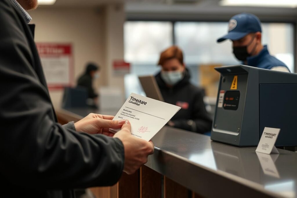 Person mailing a certified timeshare cancellation letter at post office, demonstrating how to cancel your timeshare properly