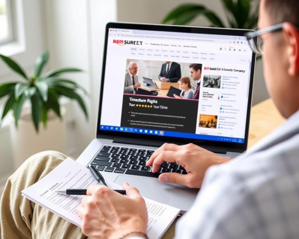 Person researching timeshare exit companies on computer and making notes