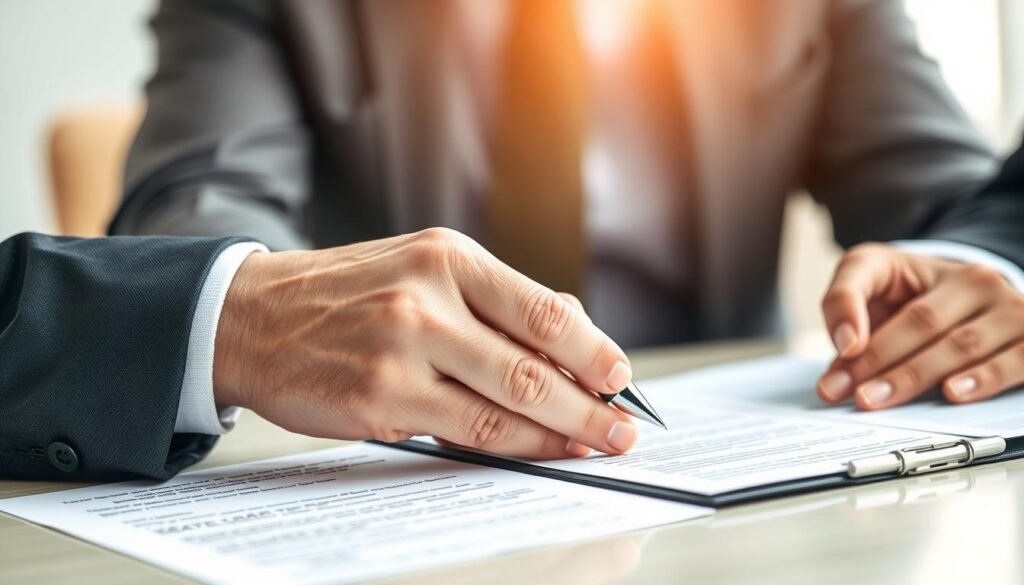 Person signing timeshare exit company contract with advisor