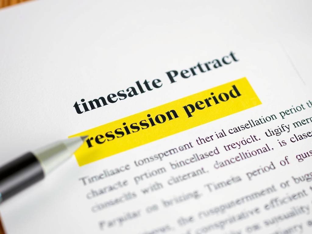 Timeshare contract with rescission period clause highlighted, showing key information on how to cancel your timeshare
