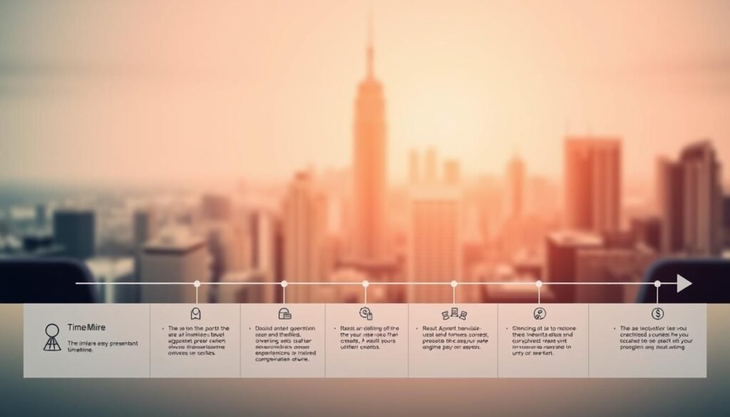 Timeshare presentation timeline: a sleek, modern infographic showcasing the key stages of a timeshare sales pitch. The foreground features a clean, minimalist timeline with distinct milestones, rendered in a cool, neutral color palette. The middle ground depicts stylized icons and graphics representing the different aspects of the presentation, such as resort amenities, ownership benefits, and financing options. The background is a softly blurred, high-contrast cityscape, hinting at the professional, corporate setting of the timeshare event. Warm, directional lighting creates depth and highlights the informational elements, while a subtle, neutral tone conveys a sense of efficiency and professionalism.
