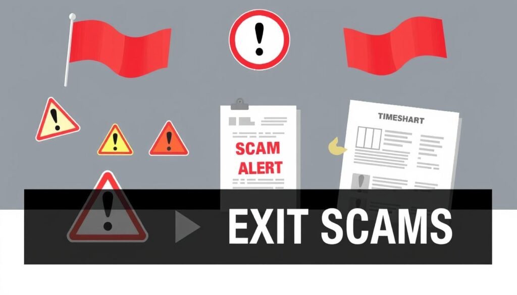 Warning signs of timeshare exit scams with red flags, educating on how to cancel your timeshare safely