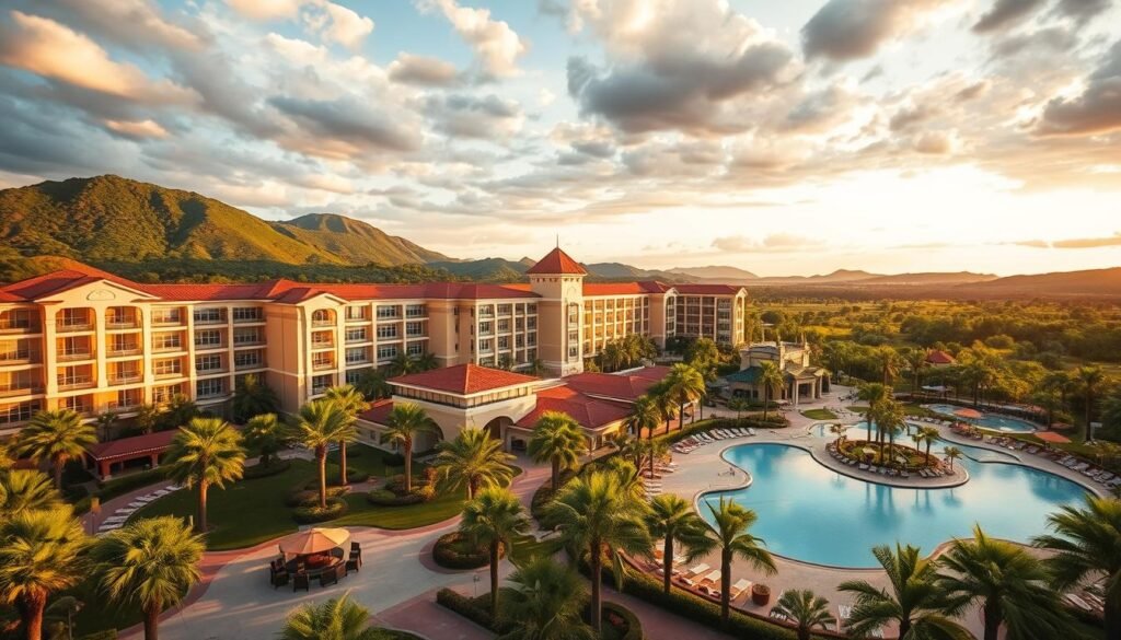 Westgate Resorts properties, a luxurious collection of timeshare vacation destinations, nestled in lush, verdant landscapes. Capture the grandeur of their meticulously designed resorts, with elegant architecture, sprawling pools, and serene outdoor spaces. Showcase the attention to detail, from the warm, inviting lobby interiors to the well-appointed guest suites, all bathed in natural light and exuding a sense of relaxation. Set the scene with a soft, golden-hour glow, creating a serene and inviting atmosphere that reflects the high-end resort experience. Render the image with a wide, cinematic angle to showcase the full scope of the Westgate Resorts properties, conveying their scale and prestige.